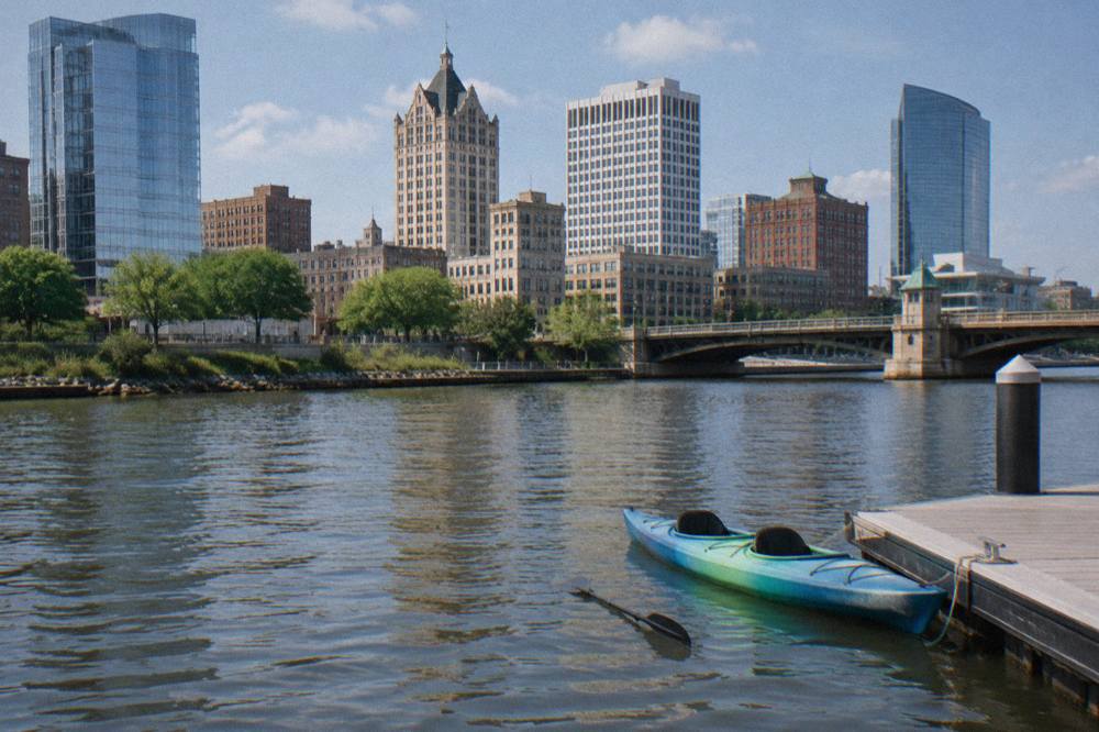 A tandem kayak tied at a dock on the Milwaukee River with the downtown skyline in the background