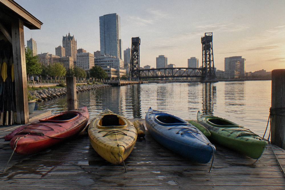 Kayaks tied along a wooden dock on the Milwaukee River with the downtown skyline behind
