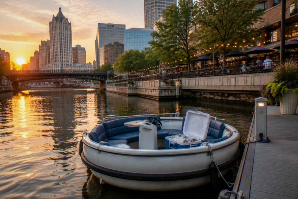 A small round electric boat moored at a downtown dock on the Milwaukee River